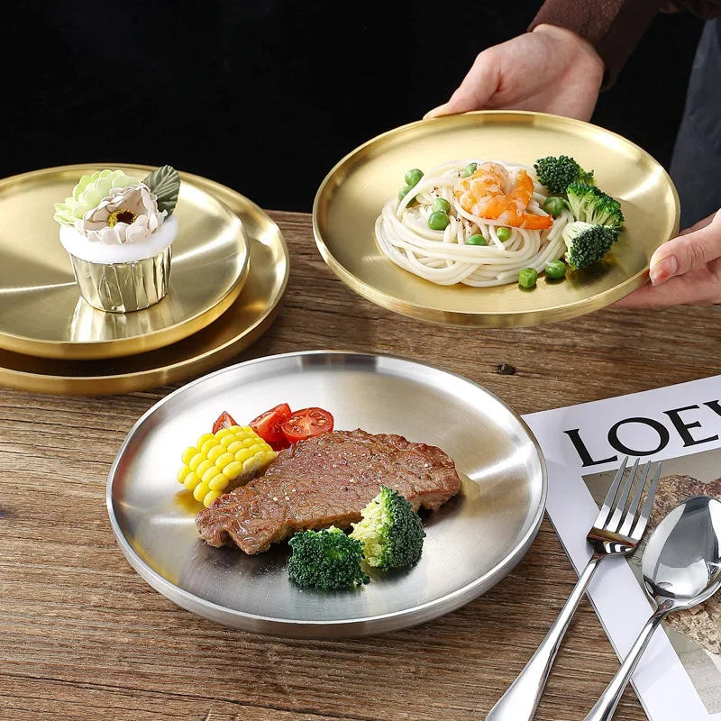 Gold double layer insulated 304 stainless steel plate plate, flat bottom dining plate, vegetable plate, Korean style barbecue
Gold double layer insulated 304 stainless steel plate plate, flat bottom dining plate, vegetable plate, Korean style barbecue