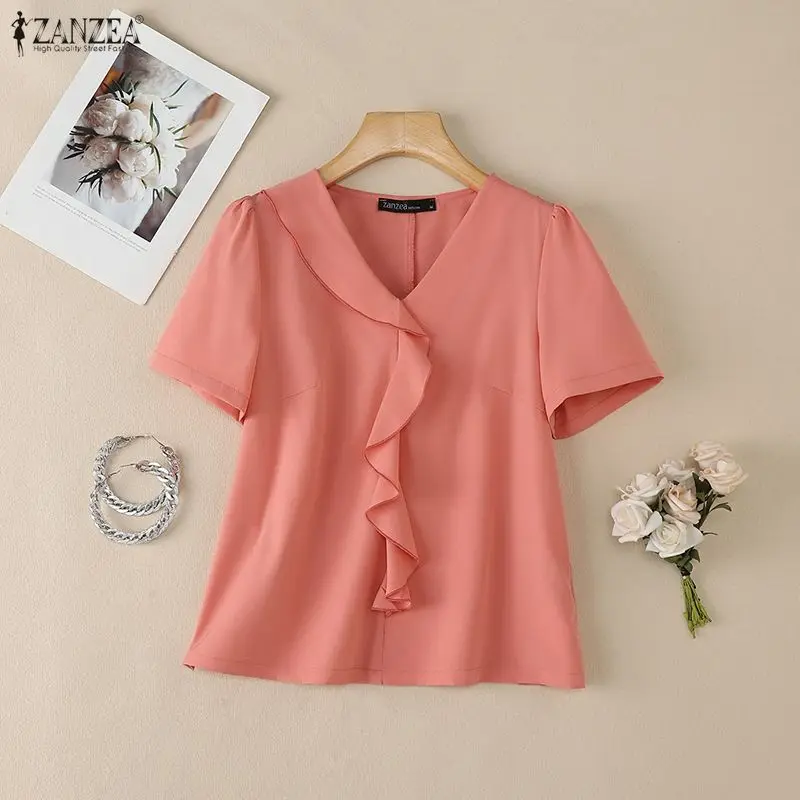 Fashion ZANZEA Short Sleeve Summer Women Blouse Ruffles Blouses Casual OL Work Party Blusas Streetwear Solid Tops Female Tee
Fashion ZANZEA Short Sleeve Summer Women Blouse Ruffles Blouses Casual OL Work Party Blusas Streetwear Solid Tops Female Tee