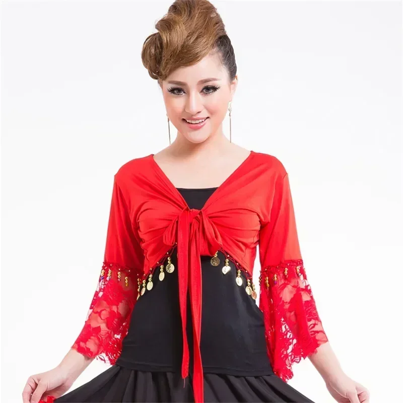 New Women Belly Dance Costume Lace Short Sleeve Tops With Gold Coins Belly Dance Performance Practice Tops
New Women Belly Dance Costume Lace Short Sleeve Tops With Gold Coins Belly Dance Performance Practice Tops