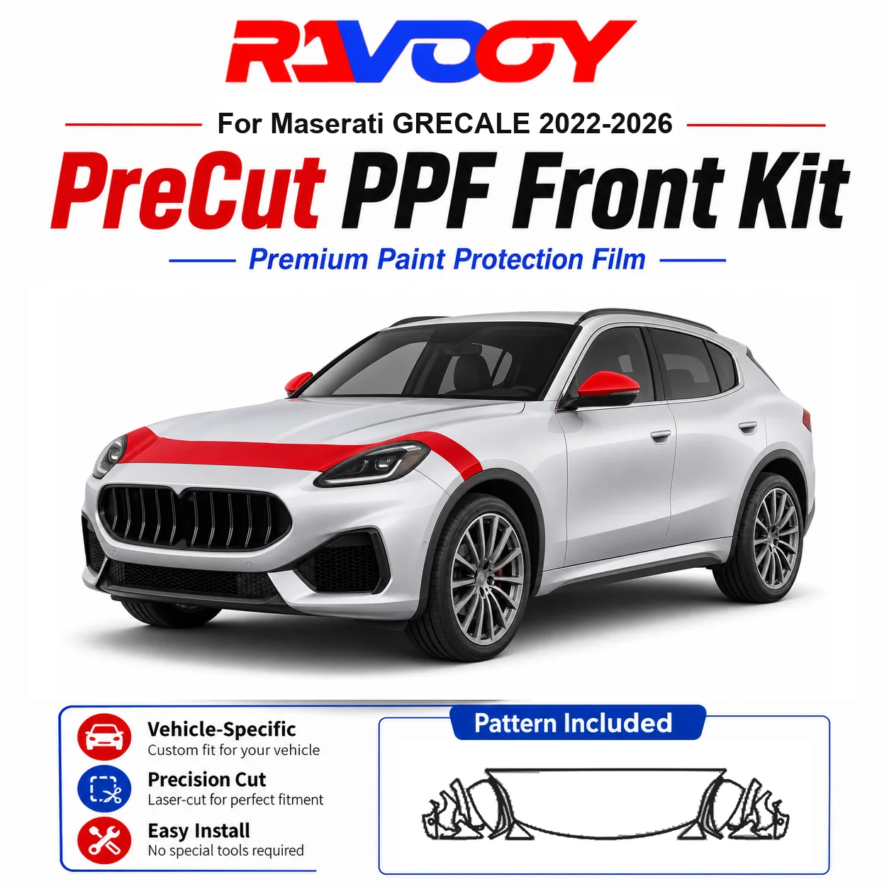 8.5mil TPU Precut PPF Kit For Maserati GRECALE 2022-2026 - Hood, Fenders & Mirror Set - Self-Healing Clear Bra Film
8.5mil TPU Precut PPF Kit For Maserati GRECALE 2022-2026 - Hood, Fenders & Mirror Set - Self-Healing Clear Bra Film