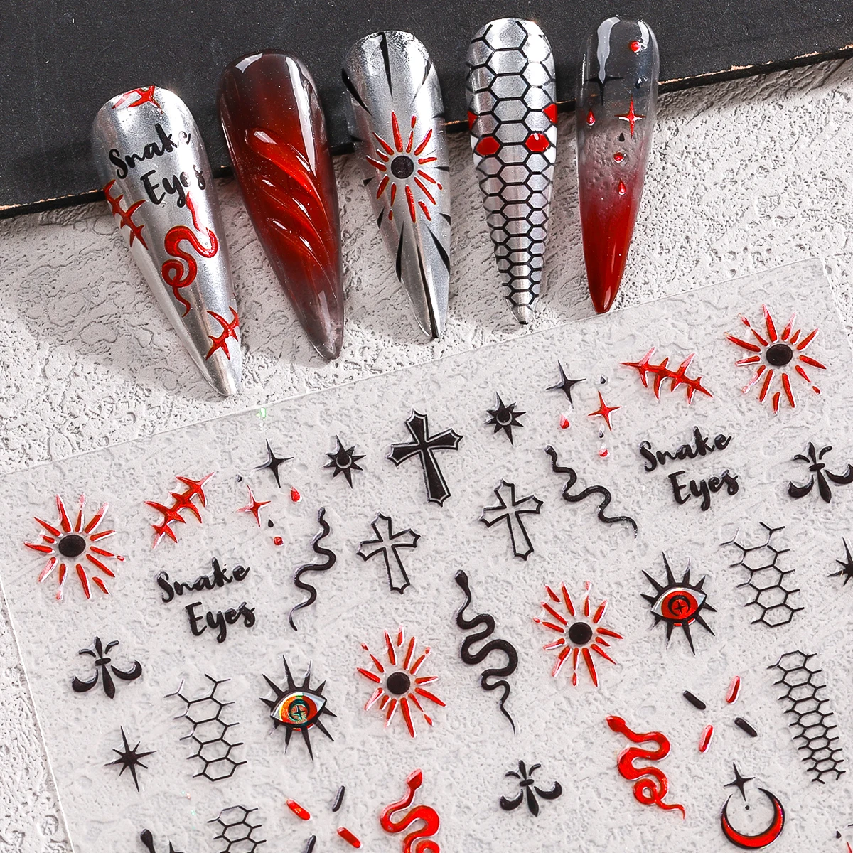 3D Laser Snake Nail Art Stickers Gothic Evil Eyes Moon Star Nail Stickers Self-Adhesive DIY Decals Manicure Decoration
3D Laser Snake Nail Art Stickers Gothic Evil Eyes Moon Star Nail Stickers Self-Adhesive DIY Decals Manicure Decoration