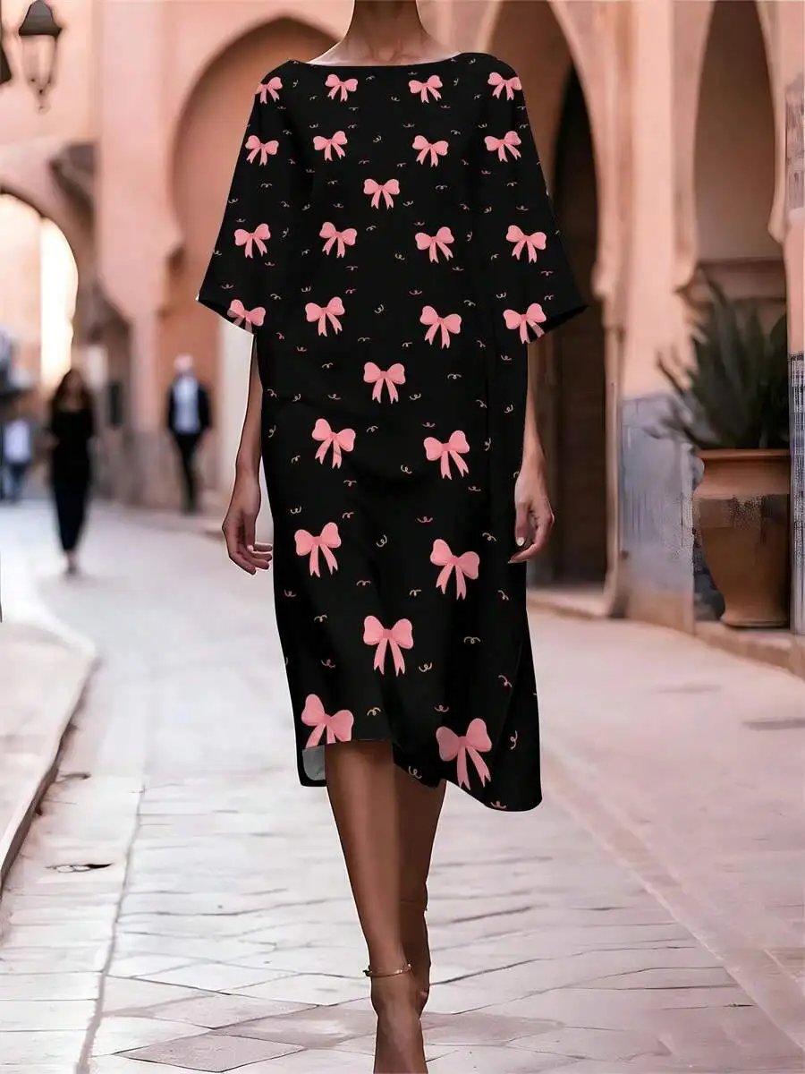 Womens Short Sleeve Bow Print Dress Black Casual Loose Fit Everyday Outfit
Womens Short Sleeve Bow Print Dress Black Casual Loose Fit Everyday Outfit
