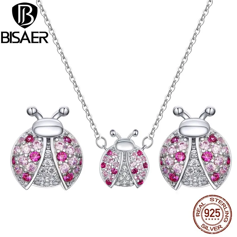 BISAER 925 Sterling Silver Pink Laybug Jewelry Set Pavé Setting Zircon Necklace Earrings Plated Platinum For Romantic Women Gift
BISAER 925 Sterling Silver Pink Laybug Jewelry Set Pavé Setting Zircon Necklace Earrings Plated Platinum For Romantic Women Gift