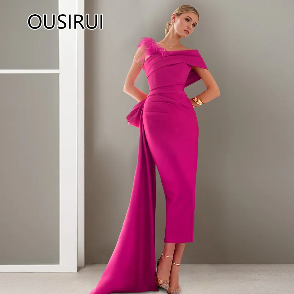 Custom Made Off-Shoudler Satin Pleated Sheath Ankle-Length Evening Gown Backless Sheath Evening Bridesmaid Dress with Feathers
Custom Made Off-Shoudler Satin Pleated Sheath Ankle-Length Evening Gown Backless Sheath Evening Bridesmaid Dress with Feathers