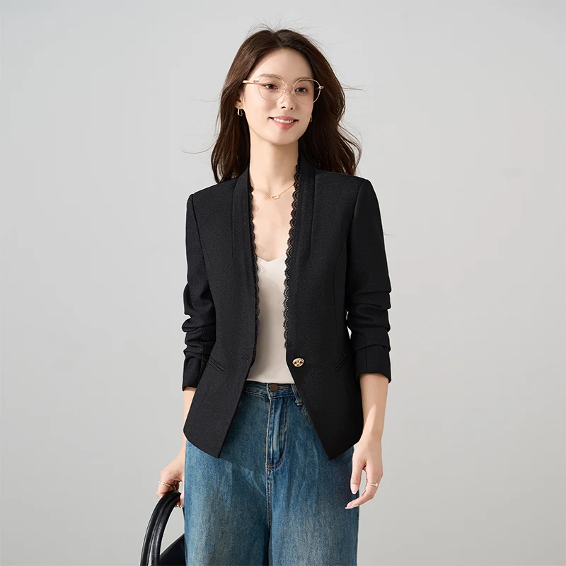 Women's professional texture new long sleeved suit jacket without collar lace decoration niche style
Women's professional texture new long sleeved suit jacket without collar lace decoration niche style