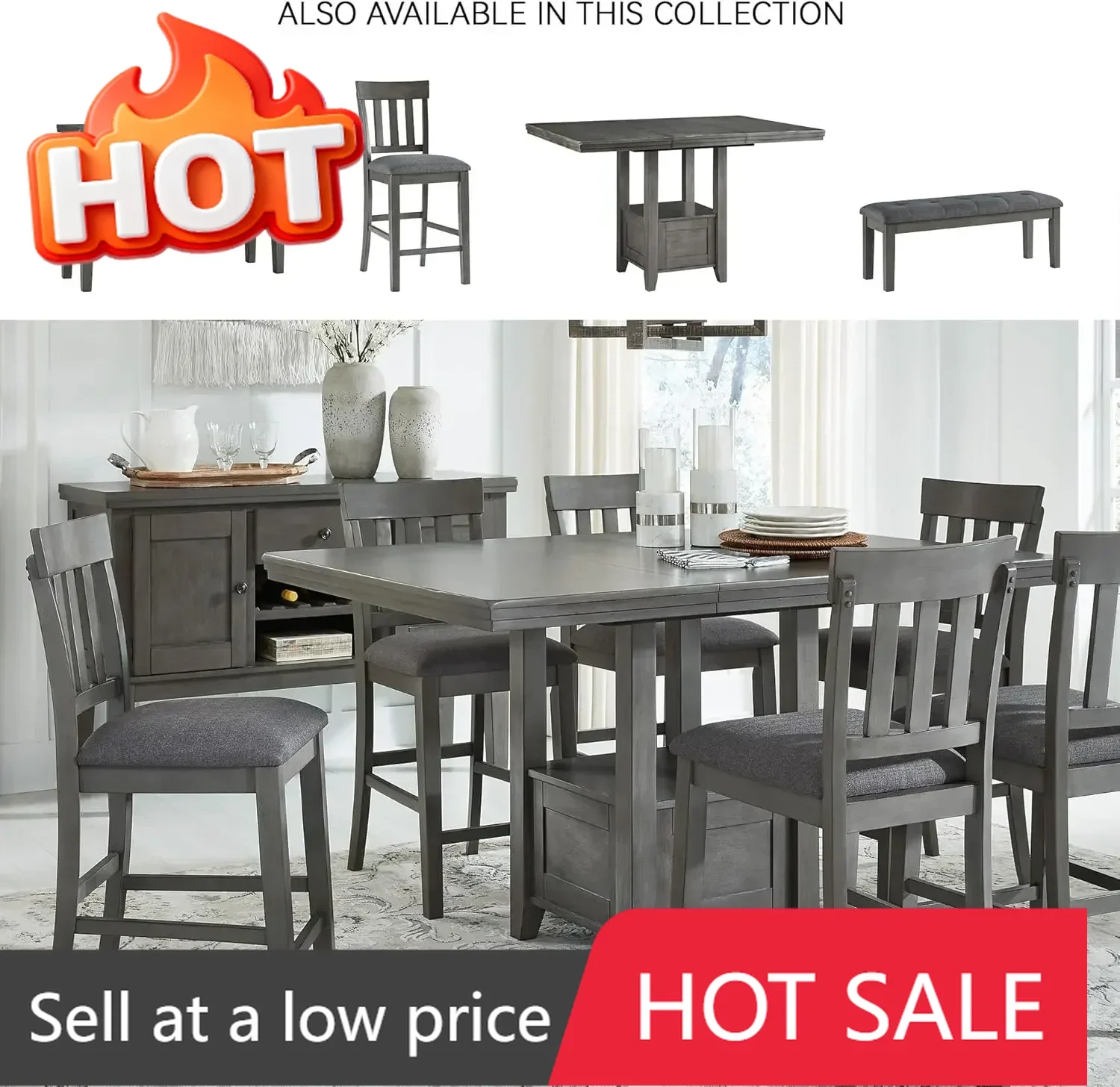 Hallanden Modern Farmhouse Counter Height Dining Room Extension Table, Dark Gray
Hallanden Modern Farmhouse Counter Height Dining Room Extension Table, Dark Gray