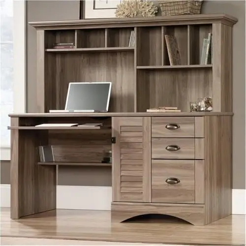 Contemporary Salt Oak Wood Desk With Hutch, 62 Inches Wide, Three Storage Drawers, CPU Bay And Open Shelving For Home Office
Contemporary Salt Oak Wood Desk With Hutch, 62 Inches Wide, Three Storage Drawers, CPU Bay And Open Shelving For Home Office