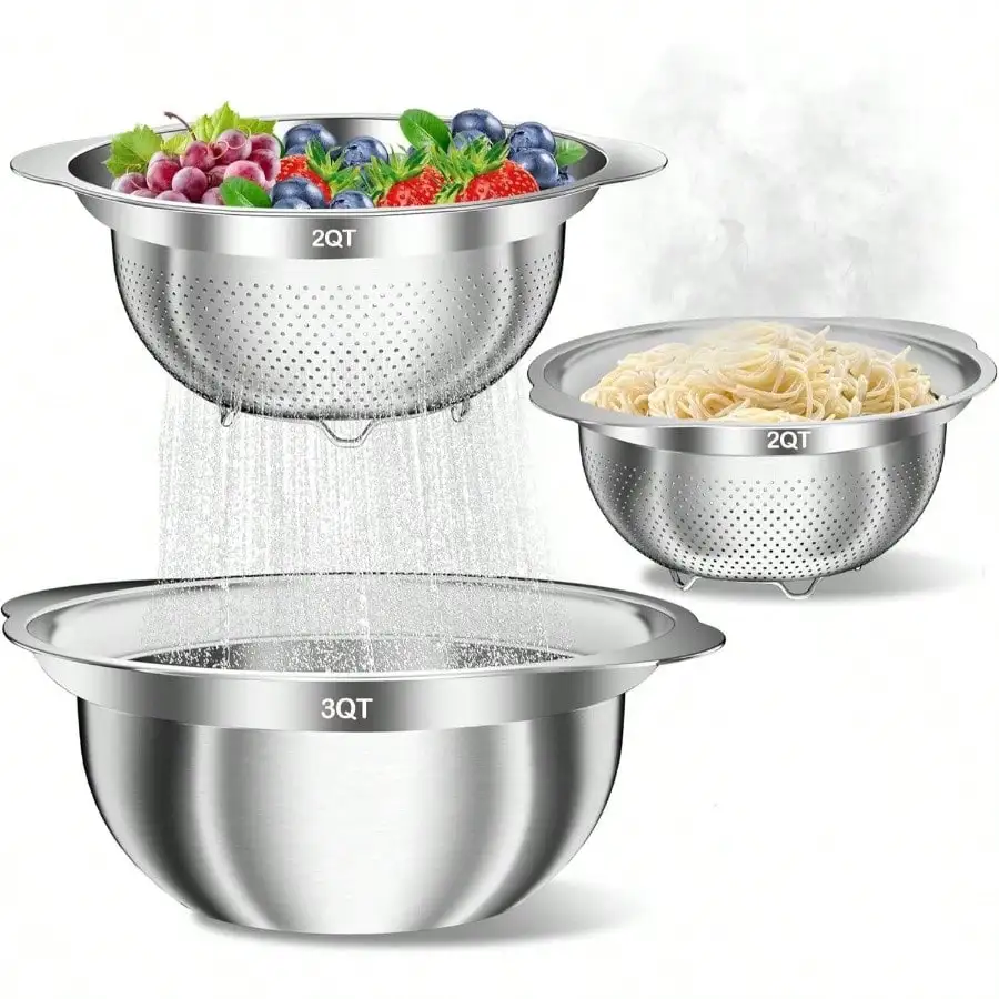 Stainless Steel Colanders With Mixing Bowl - 2.0QT 2.0QT Strainer And Colander With Handle, 3.0QT Nesting Kitchen Bowl With Colander Pasta, Vegetables, Fruit, Rice, 3PCS
Stainless Steel Colanders With Mixing Bowl - 2.0QT 2.0QT Strainer And Colander With Handle, 3.0QT Nesting Kitchen Bowl With Colander Pasta, Vegetables, Fruit, Rice, 3PCS