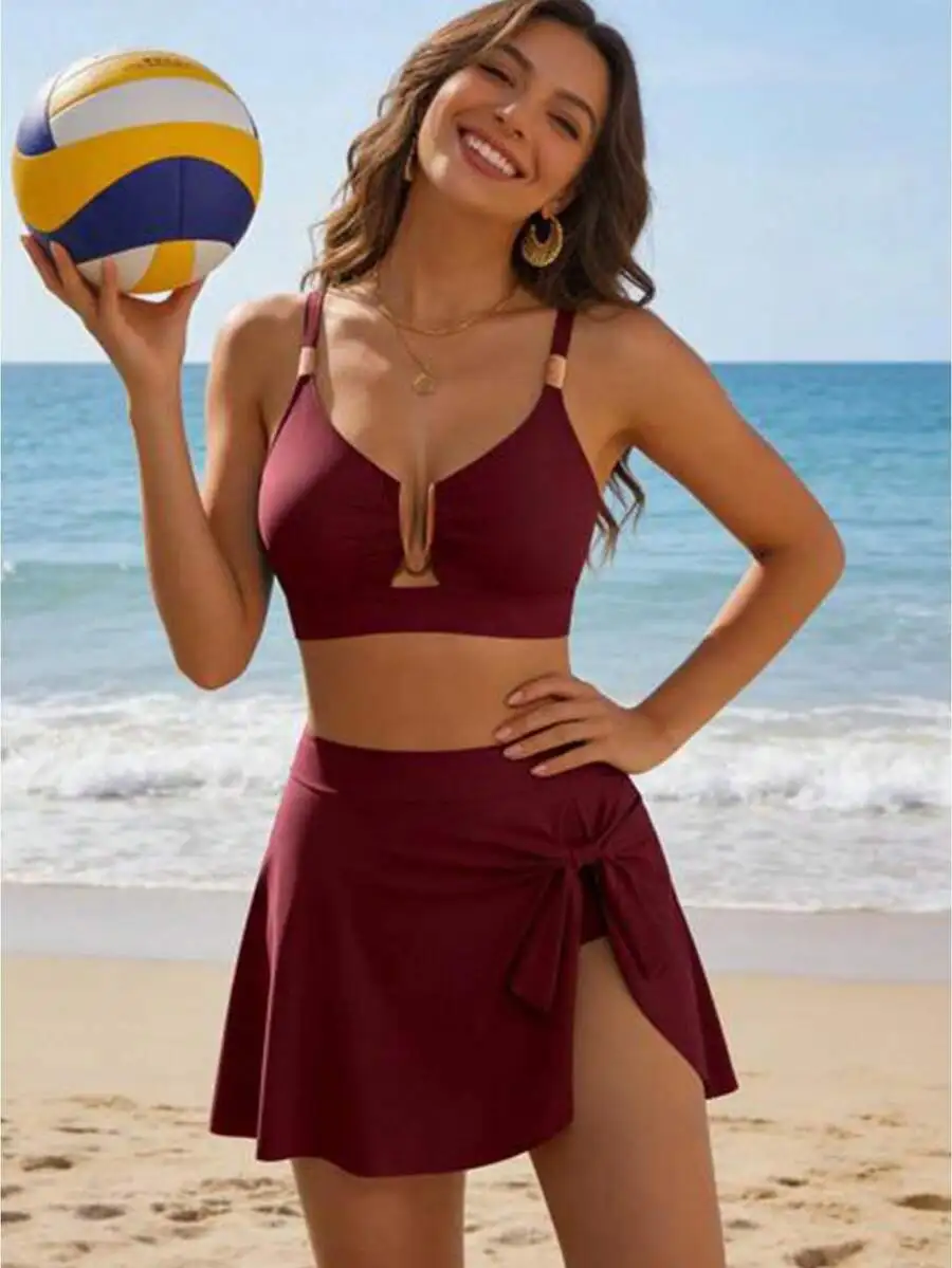 Two Piece Bikini Set With Metal U Decor Women High Waisted Push Up Top Split Hem Bowknot Skirted Bottom
Two Piece Bikini Set With Metal U Decor Women High Waisted Push Up Top Split Hem Bowknot Skirted Bottom
