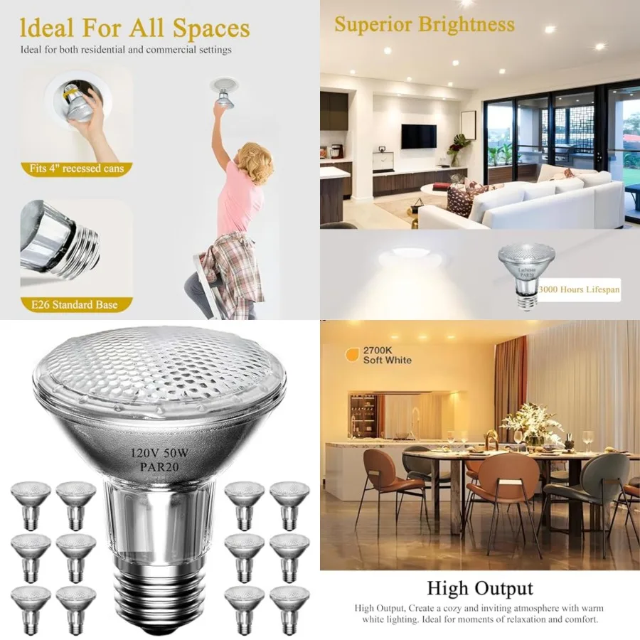 PAR20 50W Halogen Flood Light Bulbs 12PCS, 120V, E26 Medium Base, 2700K Warm White Dimmable for Indoor Spotlight, Range Hood Re
PAR20 50W Halogen Flood Light Bulbs 12PCS, 120V, E26 Medium Base, 2700K Warm White Dimmable for Indoor Spotlight, Range Hood Re