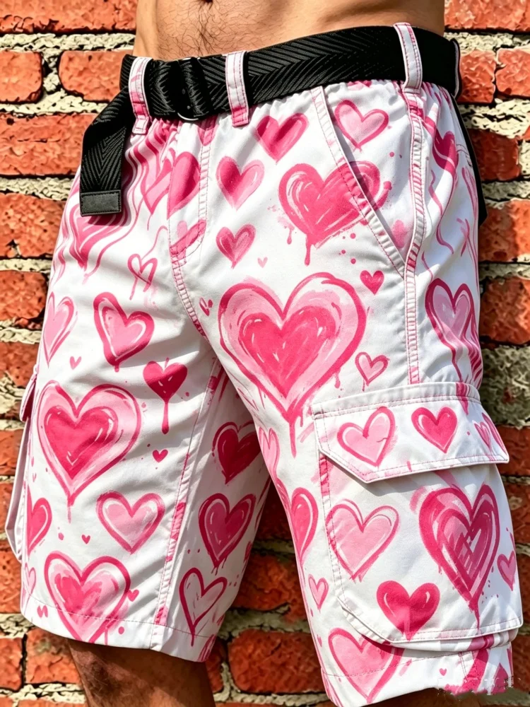Mens Cargo Shorts with Pink Heart Print Loose Fit Multi Pockets Elastic Waist with Belt Y2K Streetwear Casual Shorts
Mens Cargo Shorts with Pink Heart Print Loose Fit Multi Pockets Elastic Waist with Belt Y2K Streetwear Casual Shorts