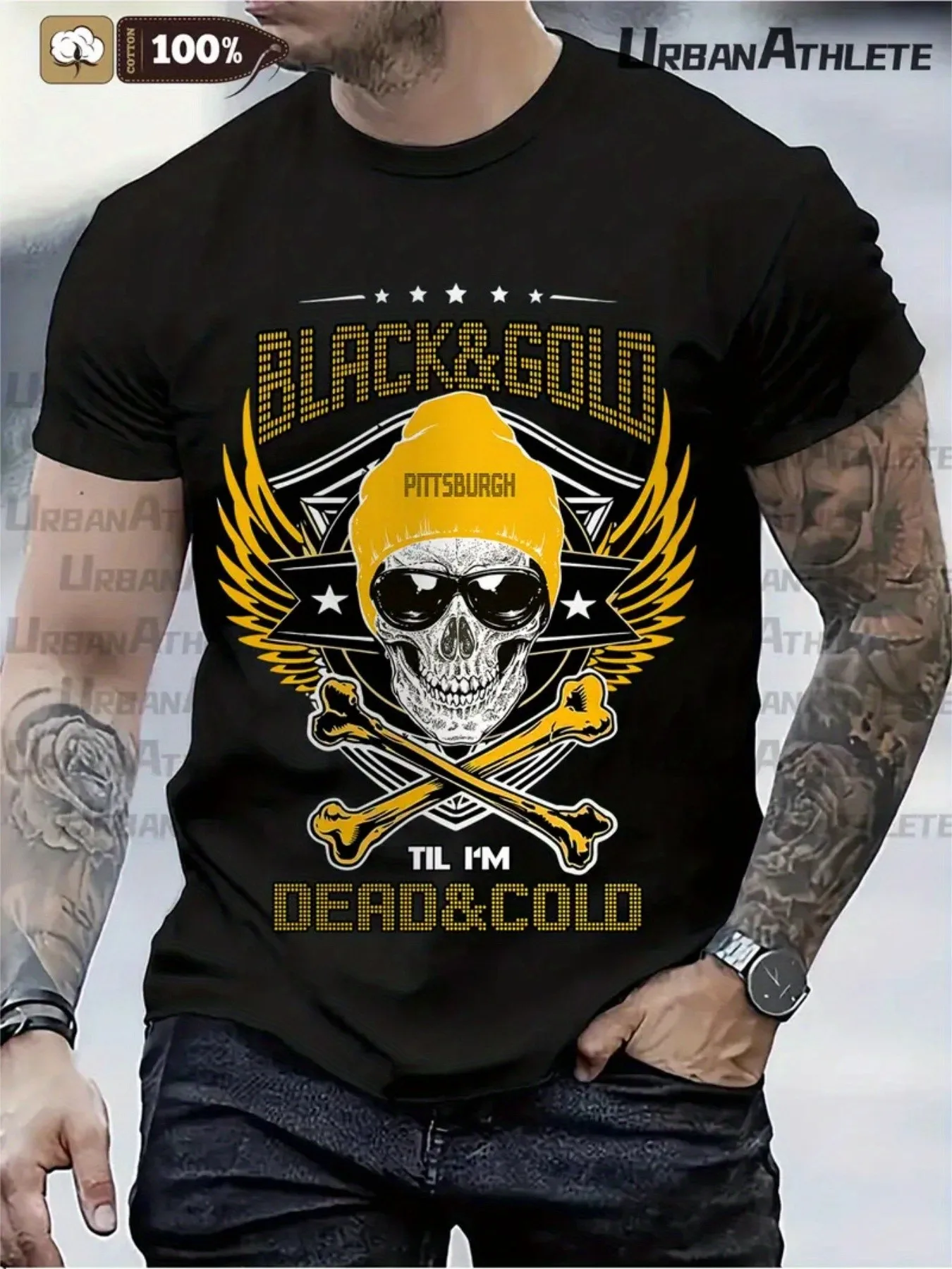 Футболка в уличном стиле Y2K из 100% хлопка — черно-золотой принт с изображением черепа и перекрещенных костей, вдохновленный логотипом Питтсбурга, с надписью "Til I"
Футболка в уличном стиле Y2K из 100% хлопка — черно-золотой принт с изображением черепа и перекрещенных костей, вдохновленный логотипом Питтсбурга, с надписью "Til I"