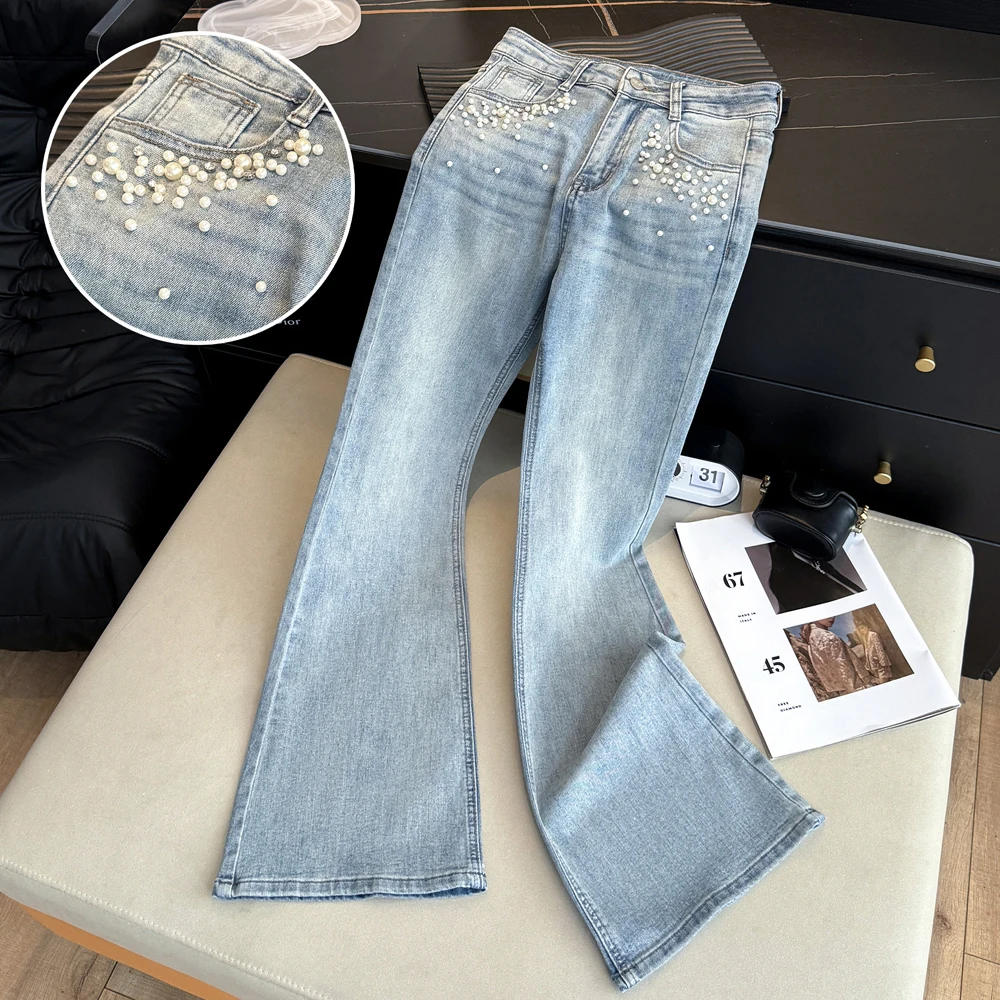 High Waist Straight Leg Denim Pants with Pearl Nails Spring Summer Design Thin Micro Flared Women's Jeans Cotton Elastic Fabric
High Waist Straight Leg Denim Pants with Pearl Nails Spring Summer Design Thin Micro Flared Women's Jeans Cotton Elastic Fabric