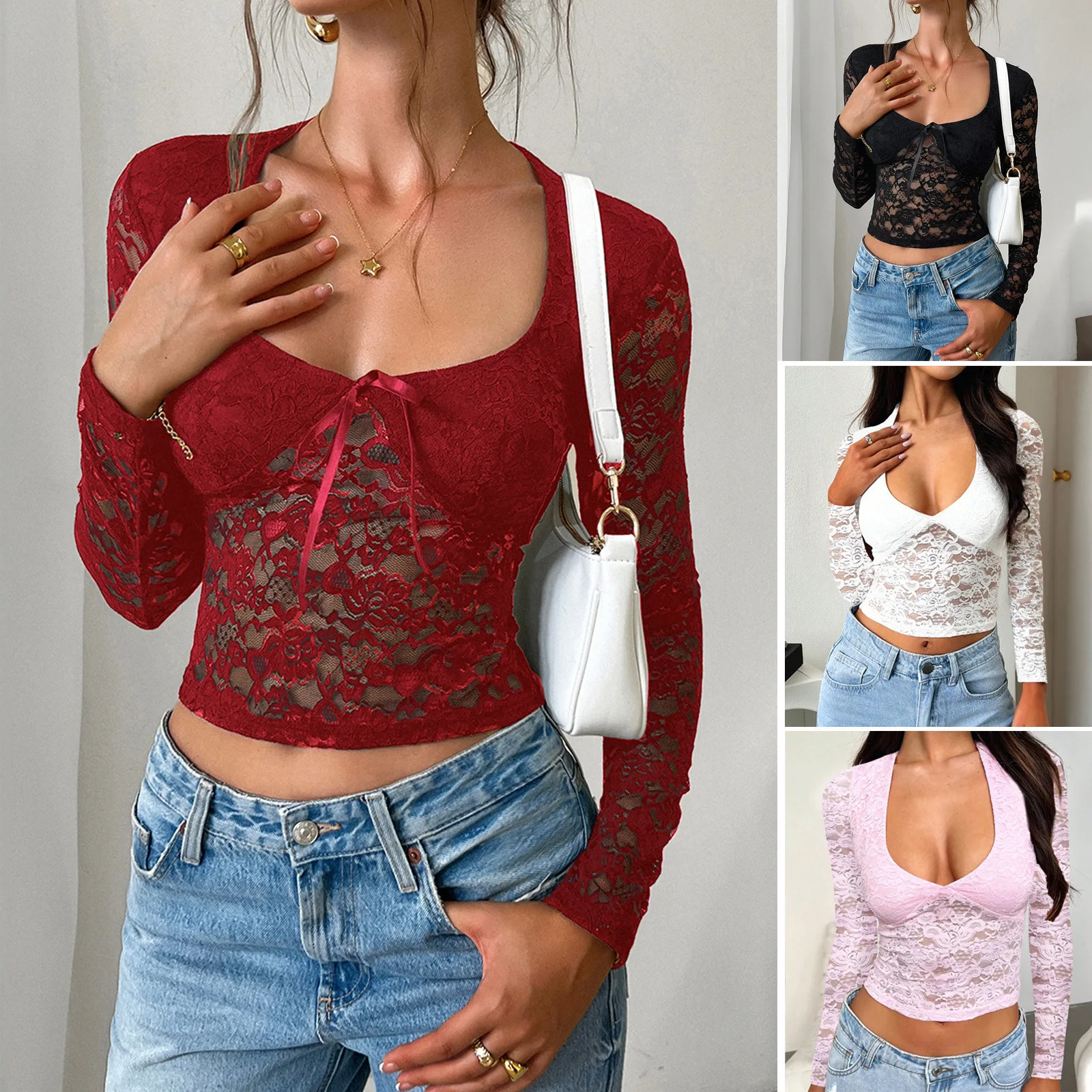 2026 Spring New Black Wine Red Sexy Lace Hollow Long Sleeve T-shirt for Women, Slim Fit, Strap up Short, Open Umbilical Top
2026 Spring New Black Wine Red Sexy Lace Hollow Long Sleeve T-shirt for Women, Slim Fit, Strap up Short, Open Umbilical Top