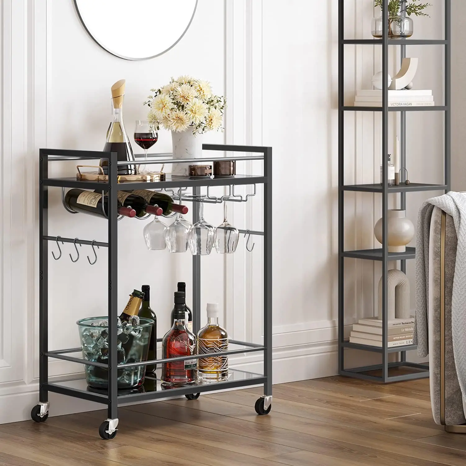 Mobile Kitchen Cart with Wine Rack, Glass Holder & 4 Casters - Black Rolling Beverage Serving Cart for Home
Mobile Kitchen Cart with Wine Rack, Glass Holder & 4 Casters - Black Rolling Beverage Serving Cart for Home