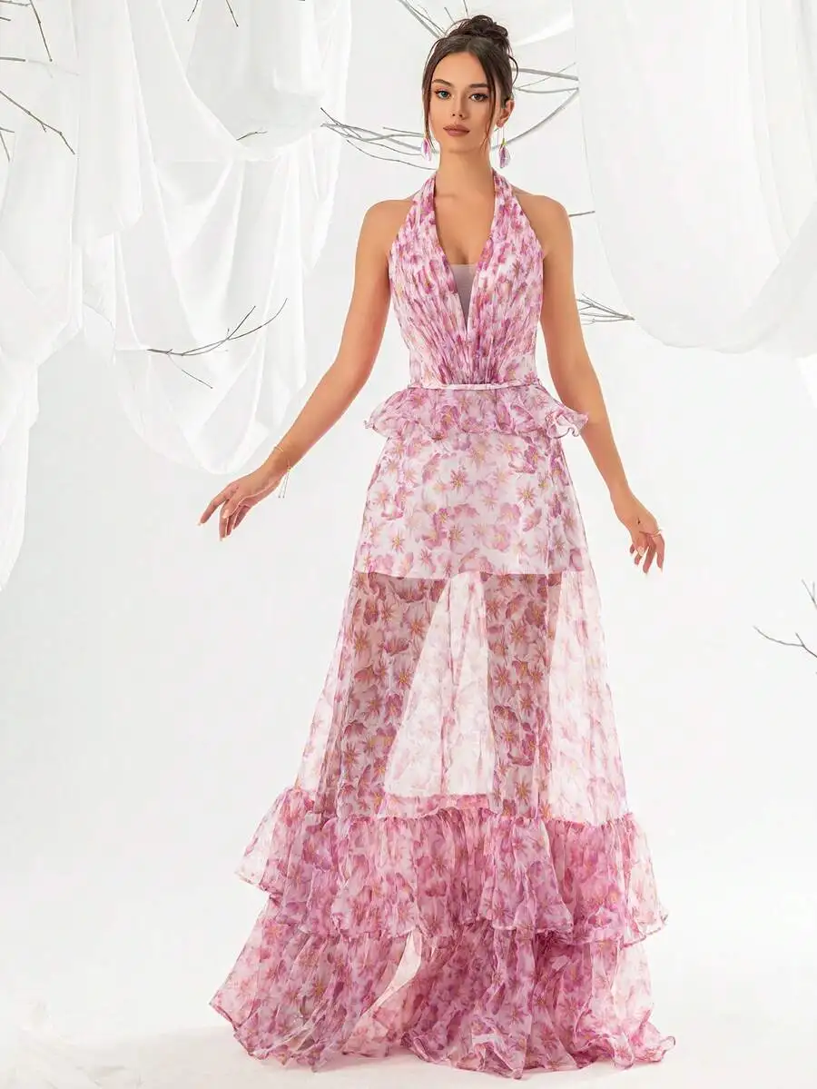Floral Print Halter Neck Mesh Women Evening Gown Maxi Dress
Floral Print Halter Neck Mesh Women Evening Gown Maxi Dress