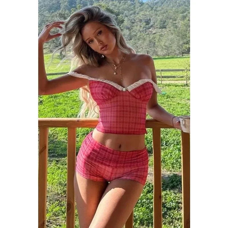 Hot Pink Plaid Off Shoulder Ruffle Crop Top Mini Shorts 2 Piece Set b Beach Daily Outfit
Hot Pink Plaid Off Shoulder Ruffle Crop Top Mini Shorts 2 Piece Set b Beach Daily Outfit