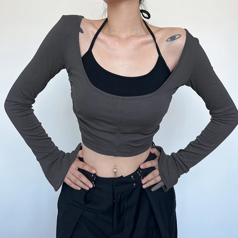 Grey Two Pieces Crop Top Women Full Sleeve Halter T Shirt Women Harajuku Split Flare Sleeve Drawstring Top Summer Korean Y2k Top
Grey Two Pieces Crop Top Women Full Sleeve Halter T Shirt Women Harajuku Split Flare Sleeve Drawstring Top Summer Korean Y2k Top