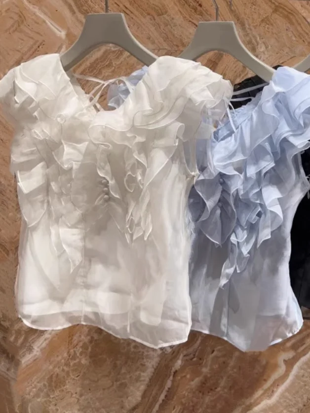 Серия «Сладкая фея»! Новый стиль 2025! Блузка Pure S Home без рукавов из органзы и шифона с V-образным вырезом и оборками, полиэстер
Серия «Сладкая фея»! Новый стиль 2025! Блузка Pure S Home без рукавов из органзы и шифона с V-образным вырезом и оборками, полиэстер