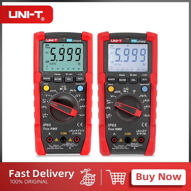 UNI-T UT191E/UT191T True RMS Professional Multimeter CAT III 600V IP65 2m Drop Proof Auto Backlight 20A Current Measurement
UNI-T UT191E/UT191T True RMS Professional Multimeter CAT III 600V IP65 2m Drop Proof Auto Backlight 20A Current Measurement