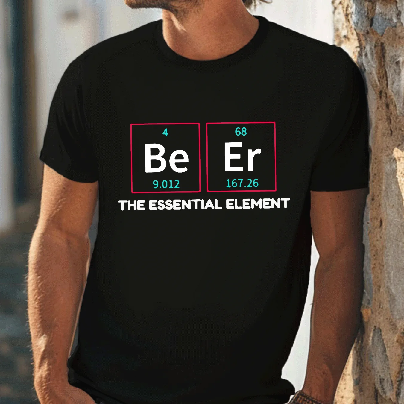 Men's black T-shirt with a funny beer-themed periodic table graphic and the essential element text made from 100% cotton fabric
Men's black T-shirt with a funny beer-themed periodic table graphic and the essential element text made from 100% cotton fabric