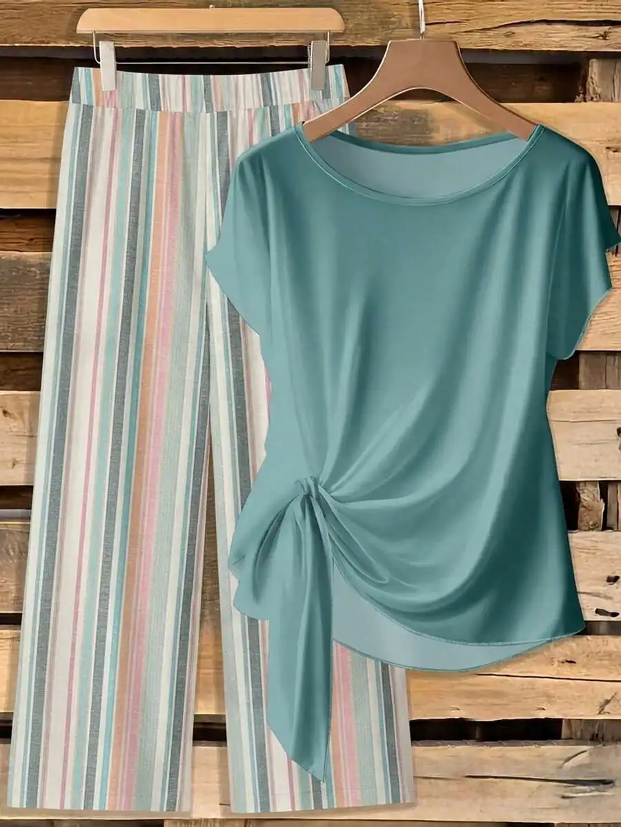 2Pcs Womens Cotton Casual Minimalist Top And Striped Loose Pants Set For Spring Summer
2Pcs Womens Cotton Casual Minimalist Top And Striped Loose Pants Set For Spring Summer