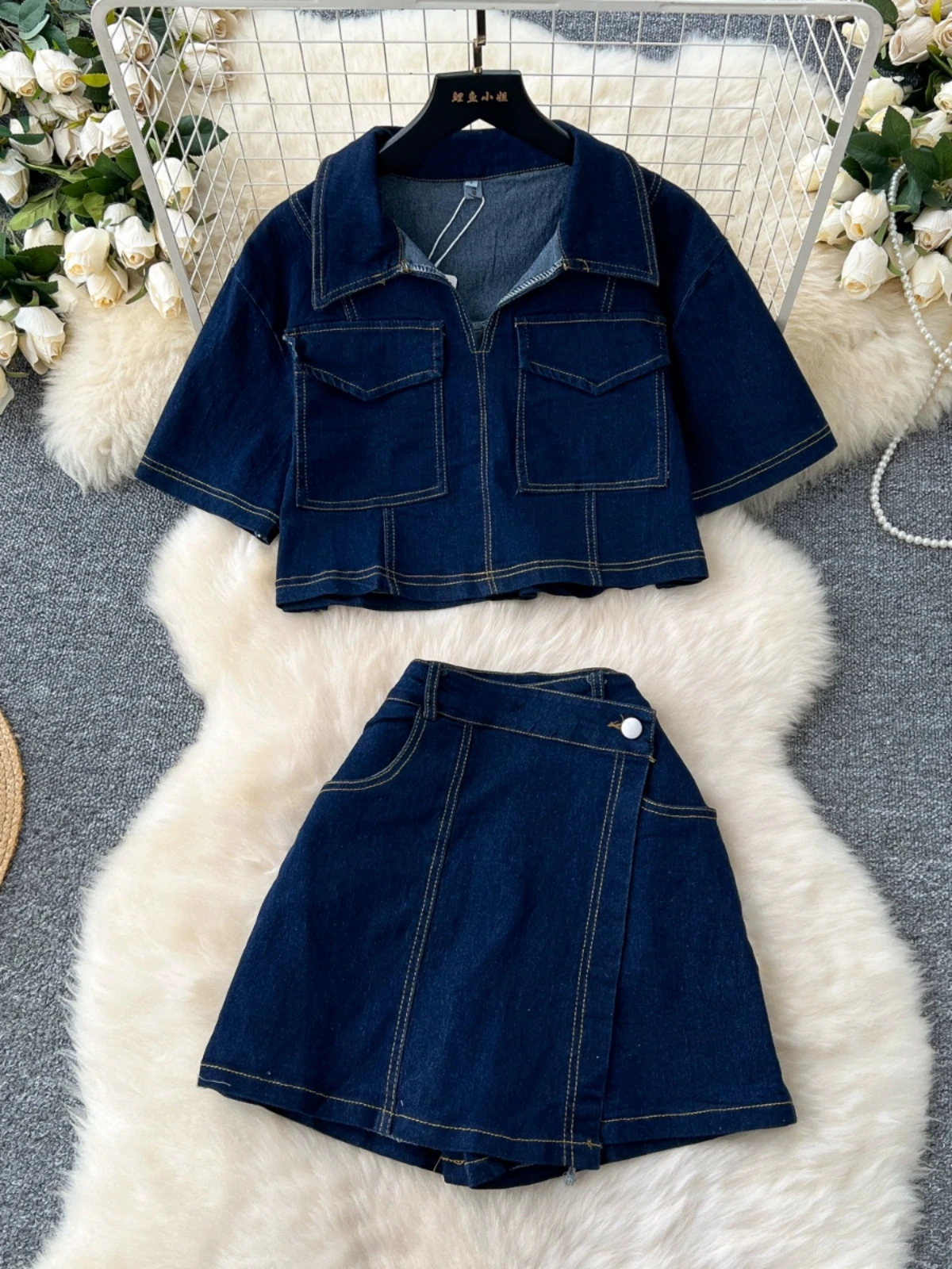 Women Turn-down Collar Short-sleeved Denim Tops + Irregular Shorts Culoppers Clothing Sets
Women Turn-down Collar Short-sleeved Denim Tops + Irregular Shorts Culoppers Clothing Sets