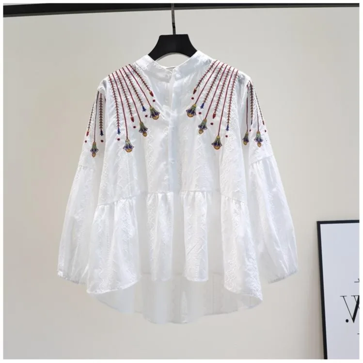 Retro Colorful Embroidered Stand Collar Shirt Women's Blouse Autumn Lantern Sleeves Loose Ruffled Top Fashion Female Clothing
Retro Colorful Embroidered Stand Collar Shirt Women's Blouse Autumn Lantern Sleeves Loose Ruffled Top Fashion Female Clothing