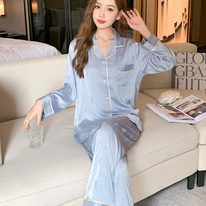 Spring Autumn Women Long Sleeved Pajamas Set Satin Pyjamas Button Sleepwear Home Clothing
Spring Autumn Women Long Sleeved Pajamas Set Satin Pyjamas Button Sleepwear Home Clothing