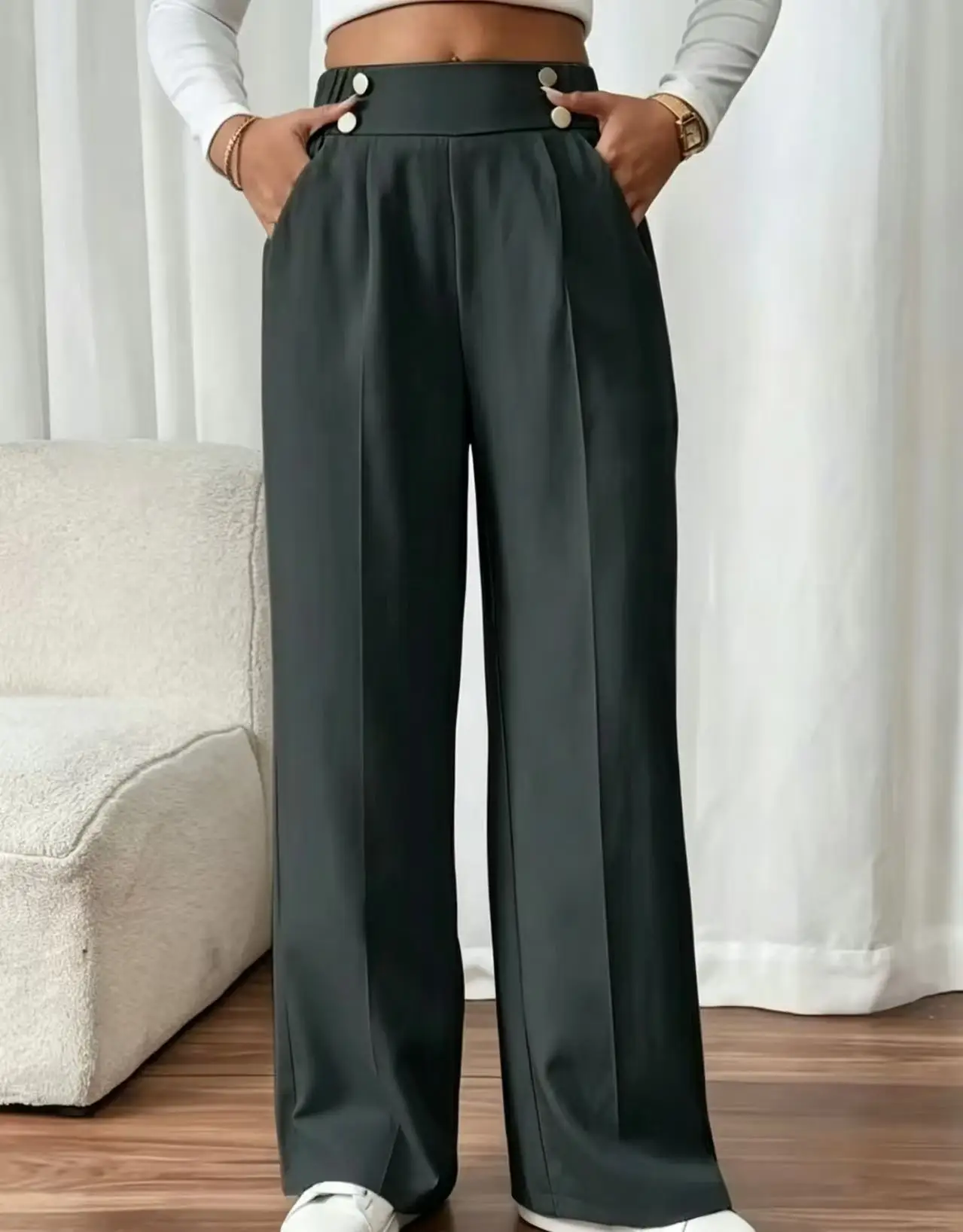 Plus Size Women High Waist Wide Leg Pants Casual Elastic Waist Button Decor Trousers Black Office Work Pants With Pockets
Plus Size Women High Waist Wide Leg Pants Casual Elastic Waist Button Decor Trousers Black Office Work Pants With Pockets