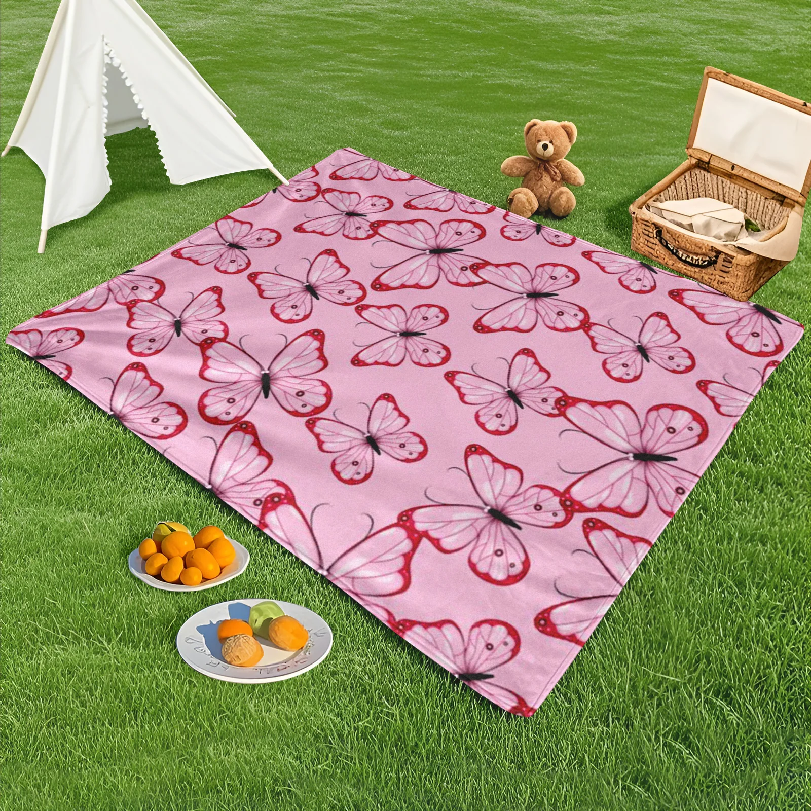 Trendy Outdoor Blanket Featuring Repeating Butterfly Patterns In Pink And Red For Picnics Beach Outings And Outdoor Relaxation
Trendy Outdoor Blanket Featuring Repeating Butterfly Patterns In Pink And Red For Picnics Beach Outings And Outdoor Relaxation
