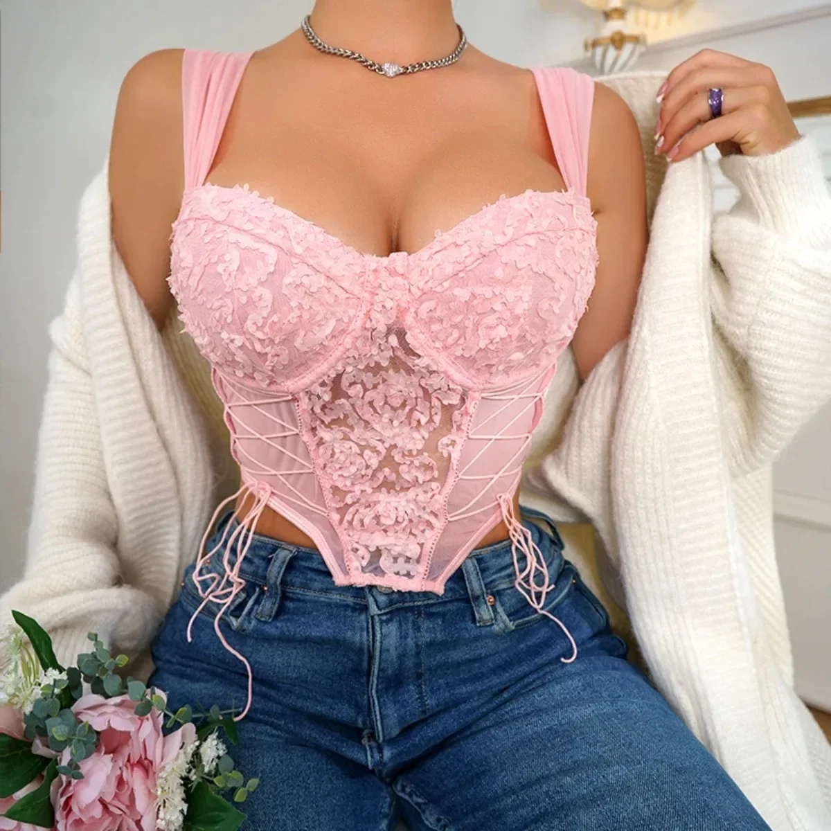 Women V-neck Mesh 3D Floral Embroidery Hollowed Out Cropped Top Trendy Black and Pink Sleeveless Vest Tank Top Y2k Girls
Women V-neck Mesh 3D Floral Embroidery Hollowed Out Cropped Top Trendy Black and Pink Sleeveless Vest Tank Top Y2k Girls