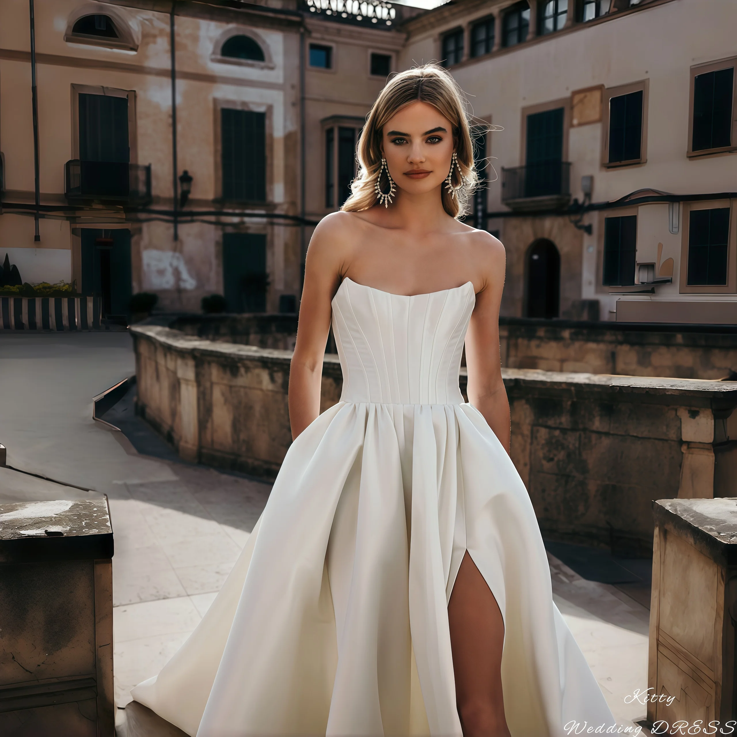 Kitty Customized Elegant Wedding Dress Strapless Sweetheart Sleeveless Backless Corset Bodice Satin A-Line High Slit Bridal Gown
Kitty Customized Elegant Wedding Dress Strapless Sweetheart Sleeveless Backless Corset Bodice Satin A-Line High Slit Bridal Gown