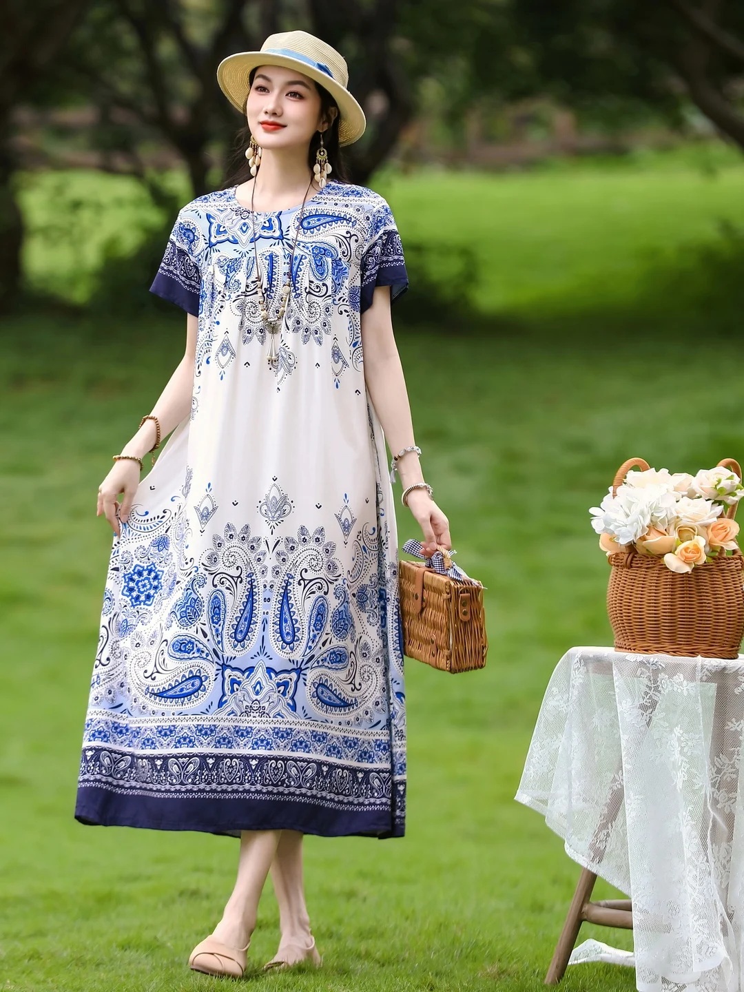 New Floral Cotton Silk Long Loose Slimming Women's Dress Short Sleeve Midi Skirt Elegant Style Summer Fashion Ladies' Gown
New Floral Cotton Silk Long Loose Slimming Women's Dress Short Sleeve Midi Skirt Elegant Style Summer Fashion Ladies' Gown