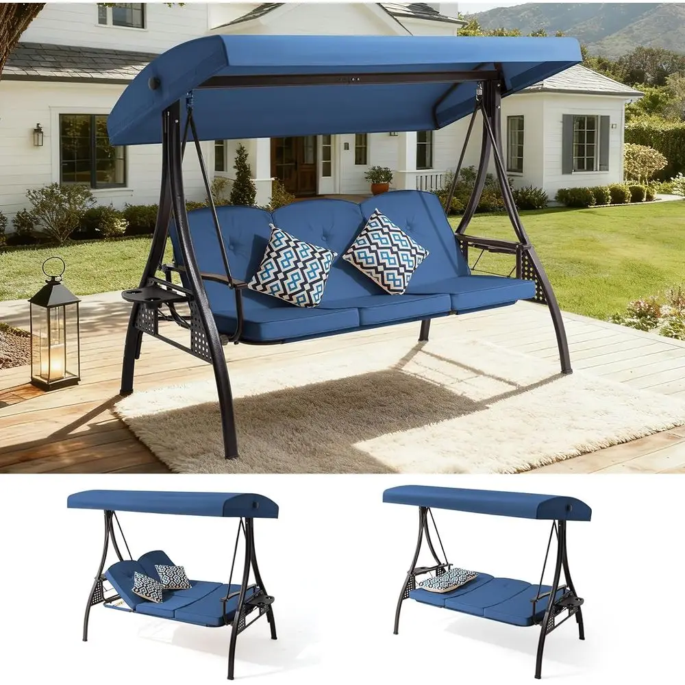 3-Seat Outdoor Swing with Adjustable Side Seat, 7-Level Recline, Cushion & Cup Holder for Patio, Deck, or Garden (Blue)
3-Seat Outdoor Swing with Adjustable Side Seat, 7-Level Recline, Cushion & Cup Holder for Patio, Deck, or Garden (Blue)