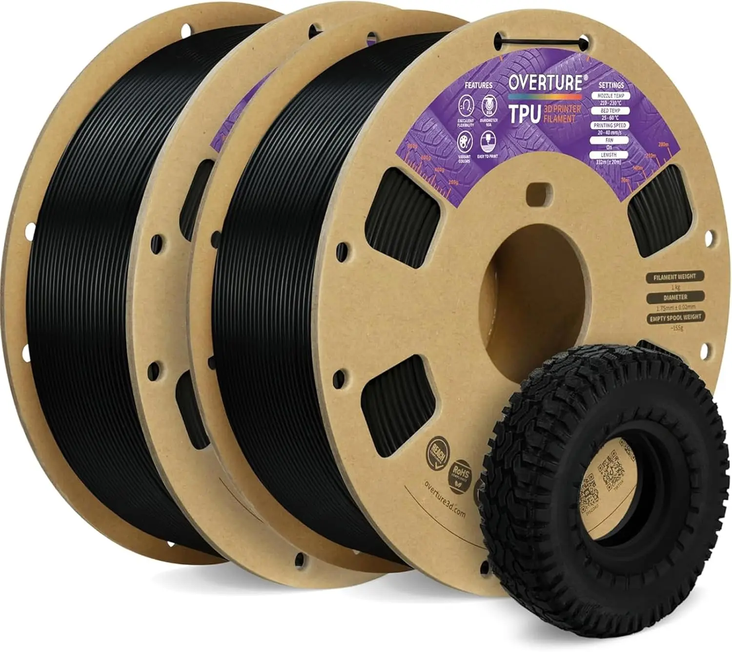 Flexible TPU Filament 1.75mm, 95A Soft for 3D Printers, 1kg Spool Black (2-Pack)
Flexible TPU Filament 1.75mm, 95A Soft for 3D Printers, 1kg Spool Black (2-Pack)