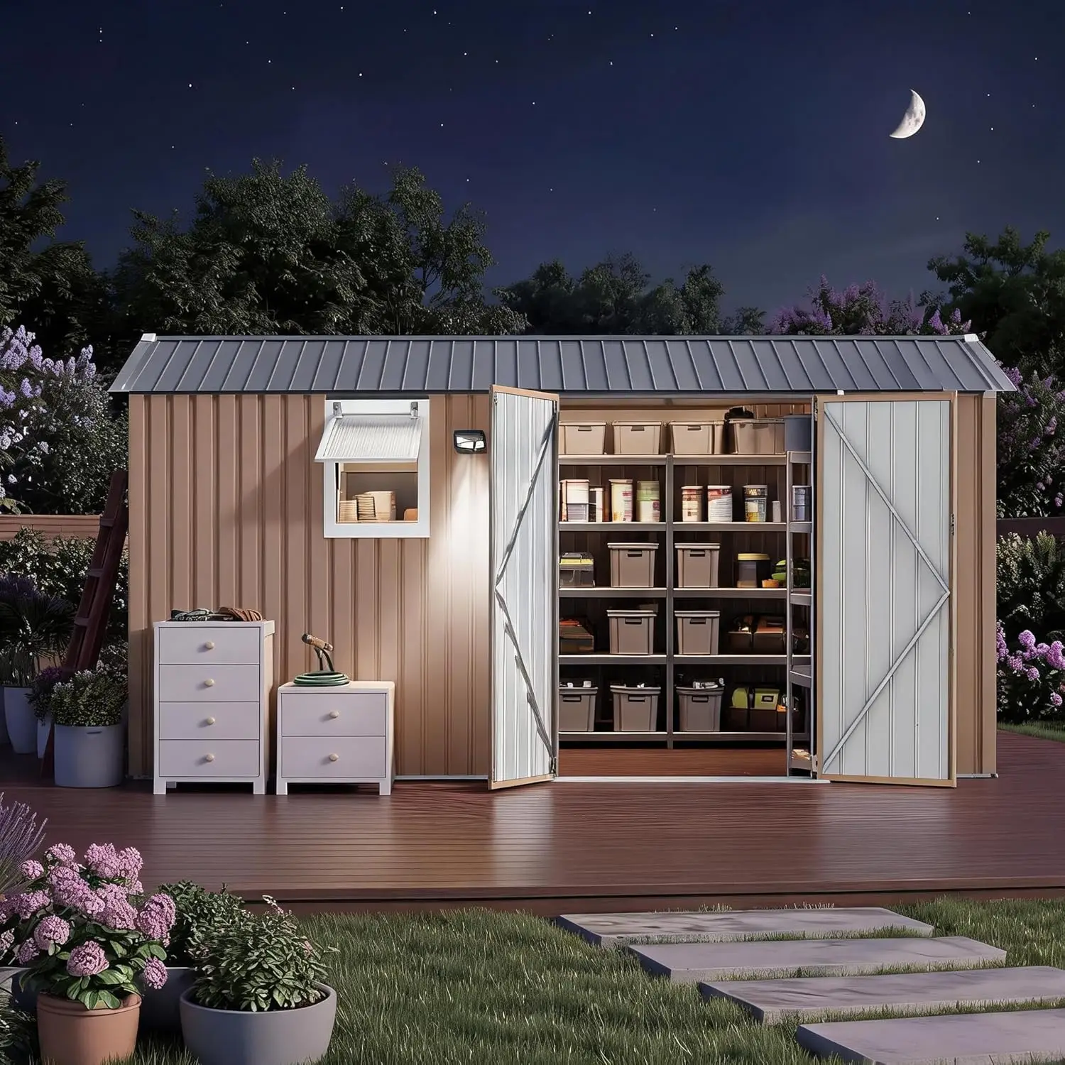 12x10ft Metal Outdoor Storage Shed Waterproof Garden Tool Bike Lawn Mower Solar Light Pegboard Window Sloped Roof, Custom
12x10ft Metal Outdoor Storage Shed Waterproof Garden Tool Bike Lawn Mower Solar Light Pegboard Window Sloped Roof, Custom