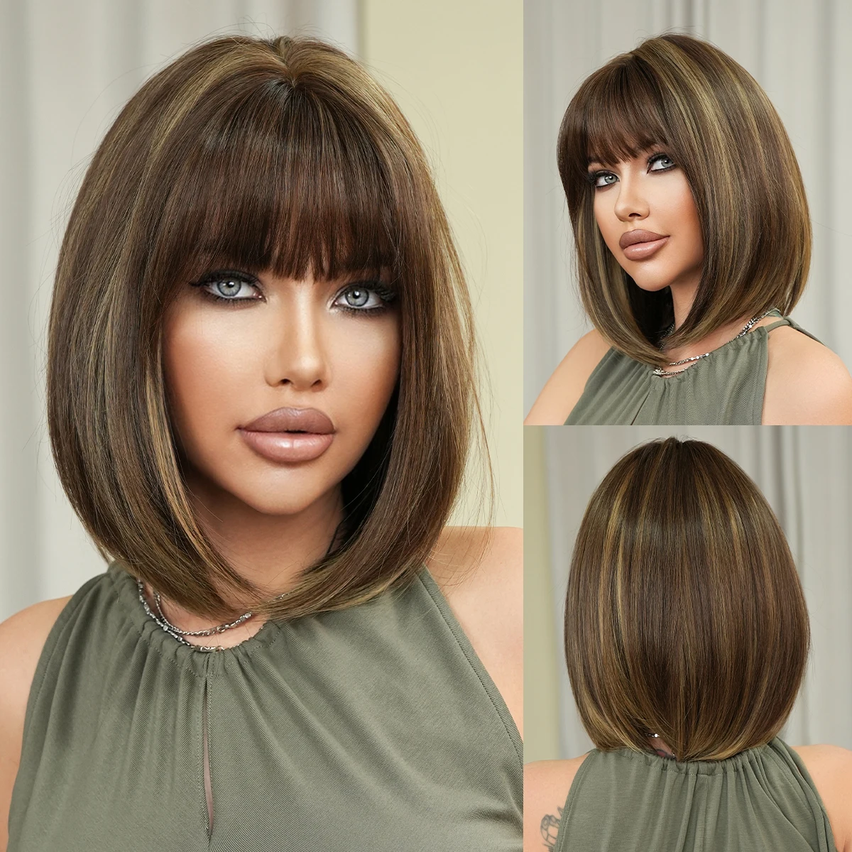 NAMM Synthetic Short Straight Brown Bob Wig for Women High Density Layered Highlight Blonde Hair Wigs with Neat Bangs
NAMM Synthetic Short Straight Brown Bob Wig for Women High Density Layered Highlight Blonde Hair Wigs with Neat Bangs