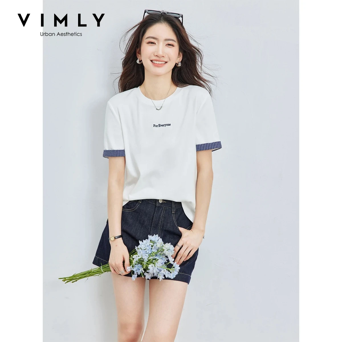 VIMLY Women Casual Contrasting Striped T-shirt Summer Short Sleeve Letter Embroidered Loose Tee Fashionable White Top A6316
VIMLY Women Casual Contrasting Striped T-shirt Summer Short Sleeve Letter Embroidered Loose Tee Fashionable White Top A6316