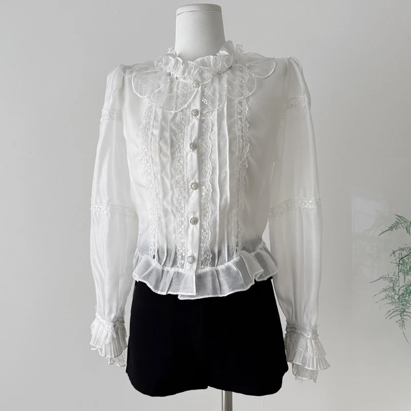 Luxury Women Shirts Long Sleeve Embroidered Floreal Lace Ruffles White Tops Transparent Short Blouse Fashion Two Piece Blouse
Luxury Women Shirts Long Sleeve Embroidered Floreal Lace Ruffles White Tops Transparent Short Blouse Fashion Two Piece Blouse