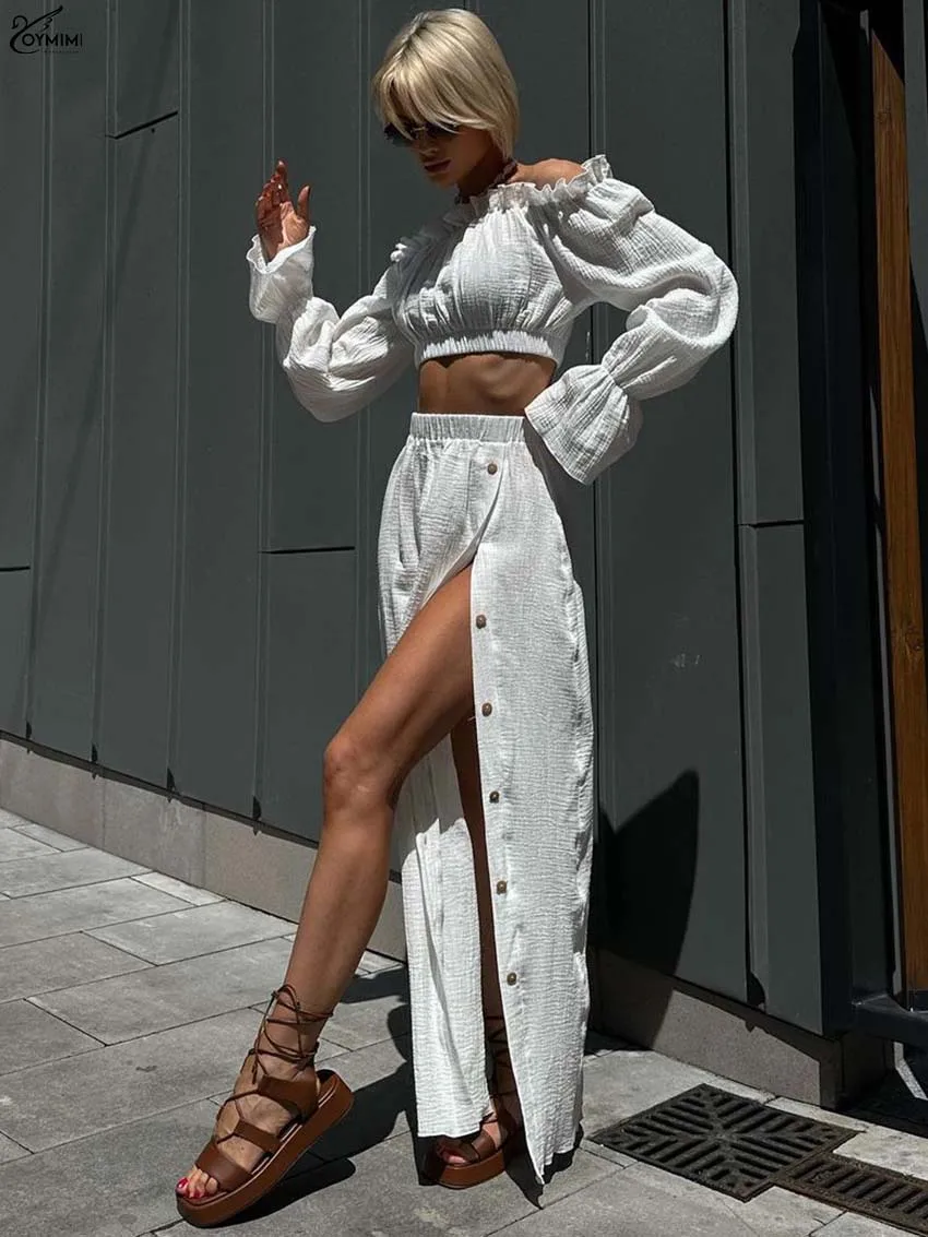 Oymimi Elegant White Cotton 2 Piece Sets Woman Outfit Fashion Strapless Long Sleeve Ruffled Crop Top + Straight Button Skirt Set
Oymimi Elegant White Cotton 2 Piece Sets Woman Outfit Fashion Strapless Long Sleeve Ruffled Crop Top + Straight Button Skirt Set