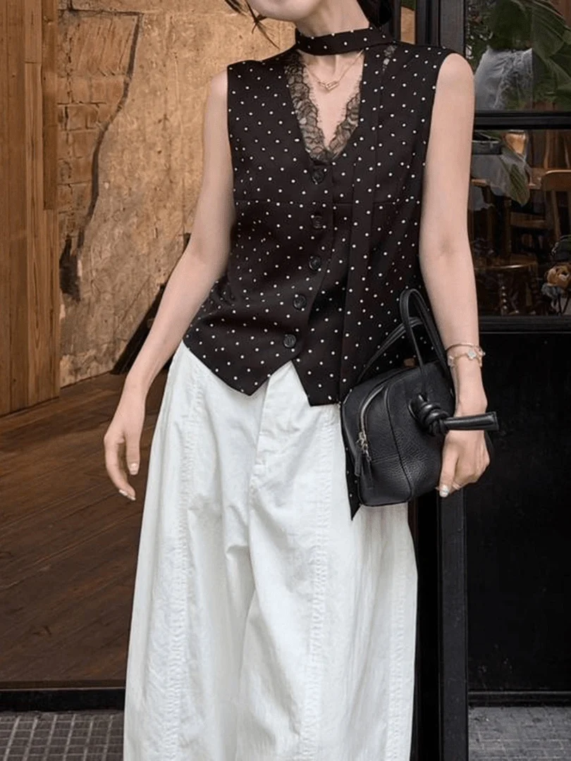 Design Sensation Summer Outfit Women's Sleeveless Polka Dot Lace Vest High Waist Wide Leg Nine Points Pants Two-Piece Set
Design Sensation Summer Outfit Women's Sleeveless Polka Dot Lace Vest High Waist Wide Leg Nine Points Pants Two-Piece Set