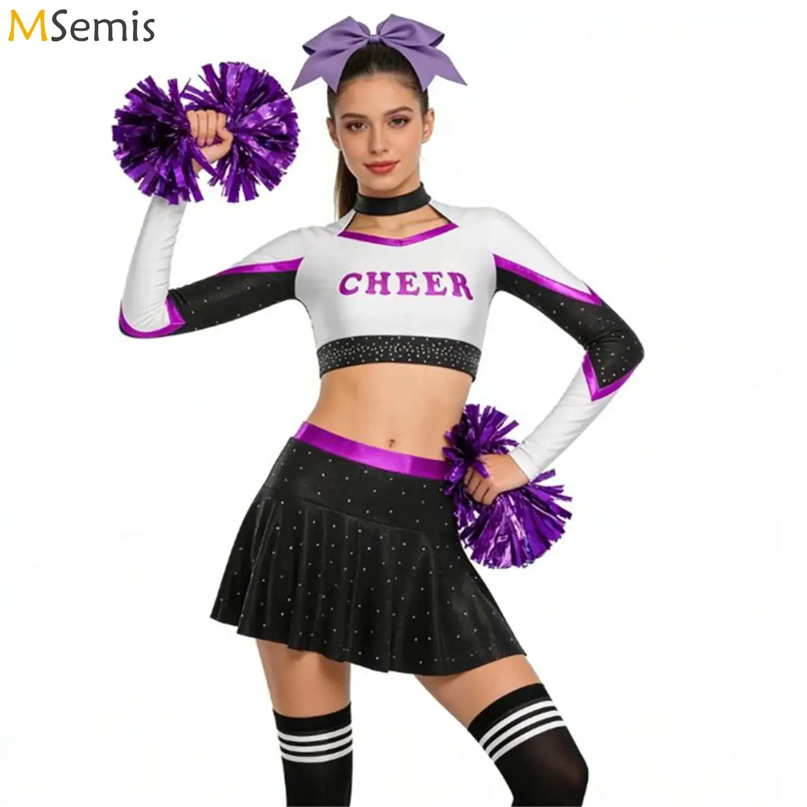 Женский костюм черлидинга, укороченный топ и мини-юбка с бантом, повязка для волос, цветочные шарики и чулки, танцевальный костюм Cheer
Женский костюм черлидинга, укороченный топ и мини-юбка с бантом, повязка для волос, цветочные шарики и чулки, танцевальный костюм Cheer