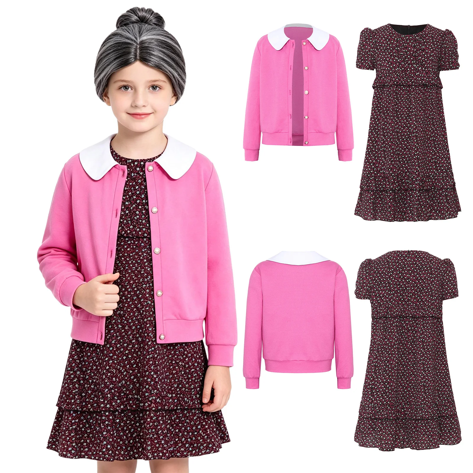Kids 100 Days of School Grandma Cosplay Outfit Short Sleeve Floral Ruffle Dress with Faux Pearl Long Sleeve Shrug for Halloween
Kids 100 Days of School Grandma Cosplay Outfit Short Sleeve Floral Ruffle Dress with Faux Pearl Long Sleeve Shrug for Halloween