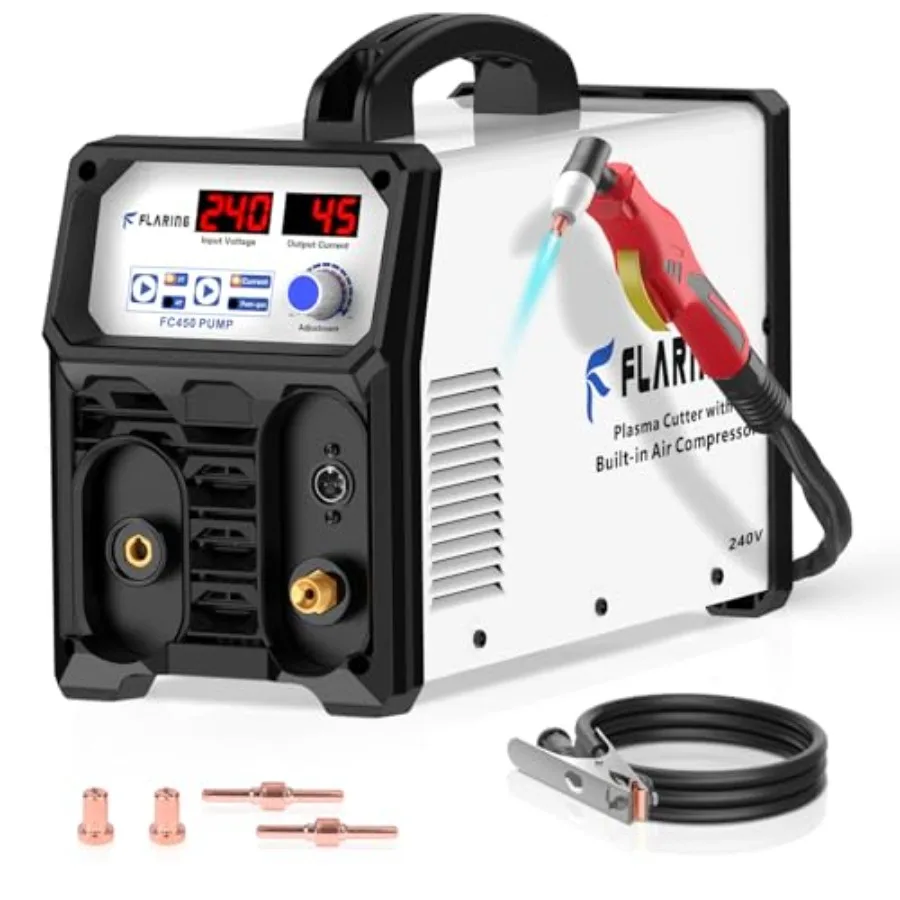 Plasma cutter for industrial metal cutting, IGBT inverter with built-in air compressor, 240V/45A, 3/8 inch clean cut, 5/8 inch
Plasma cutter for industrial metal cutting, IGBT inverter with built-in air compressor, 240V/45A, 3/8 inch clean cut, 5/8 inch