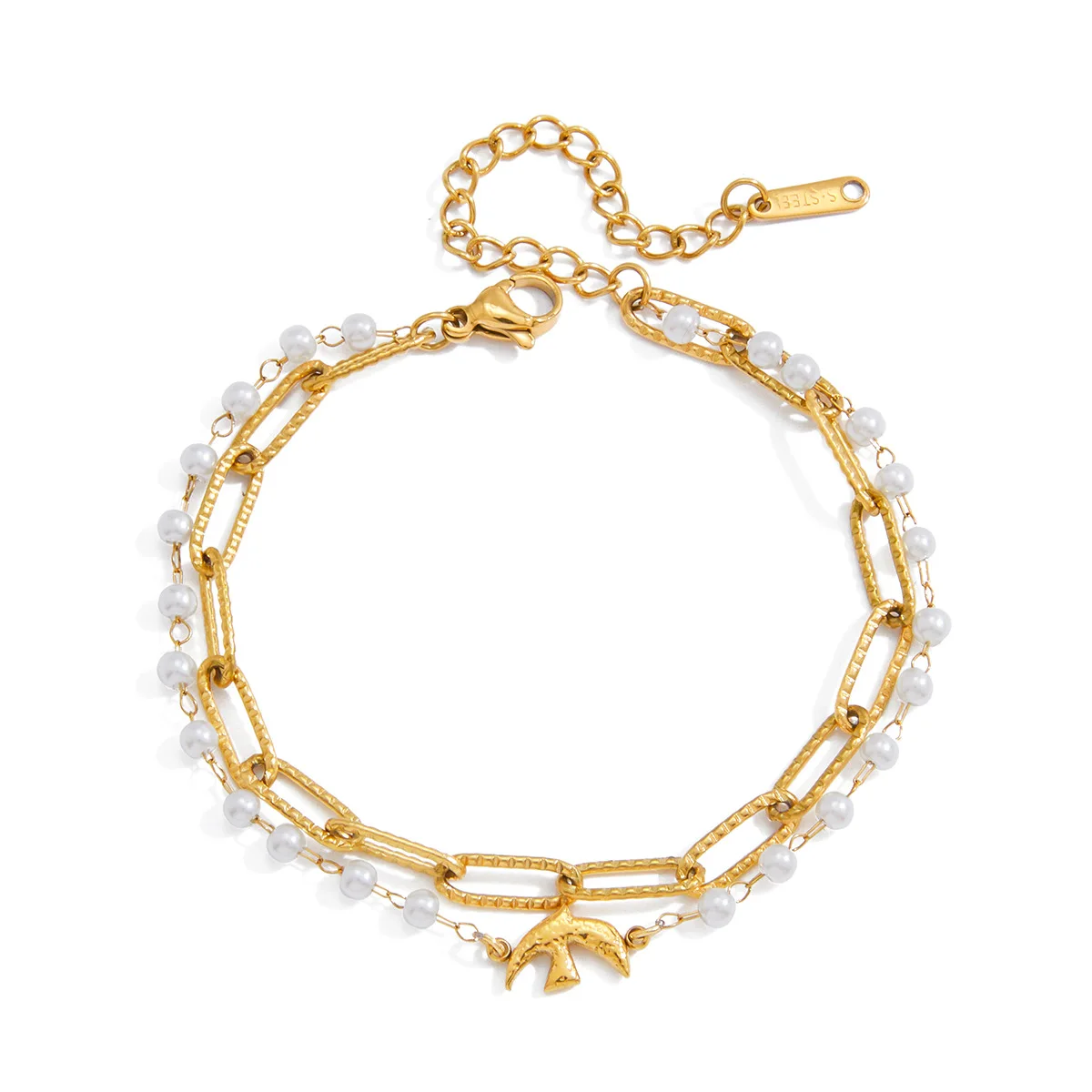 18K gold and stainless steel imitation pearl dove bracelet, a hot-selling, colorfast, versatile women's jewelry.
18K gold and stainless steel imitation pearl dove bracelet, a hot-selling, colorfast, versatile women's jewelry.