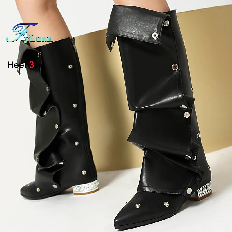 Fall Winter Black Pleated Rivets Women's Knee High Boots Multi Snap-fastener Boots Thick Heels 3cm Zipper Turned-Over Edge Boots
Fall Winter Black Pleated Rivets Women's Knee High Boots Multi Snap-fastener Boots Thick Heels 3cm Zipper Turned-Over Edge Boots