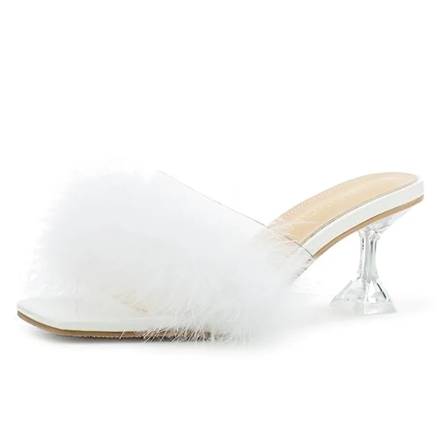 Heiyom Women's Square Toe Low Stilettos Heels Mules Sandals Fluffy Feather Slip on Clear Low Heels Wedding Bridal Party Dress S
Heiyom Women's Square Toe Low Stilettos Heels Mules Sandals Fluffy Feather Slip on Clear Low Heels Wedding Bridal Party Dress S