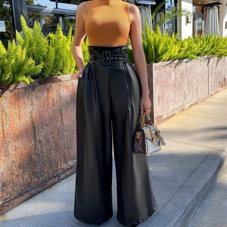 Women's Pu Leather Pants Solid Color Trendy Belt High Waist Loose Wide Legs Trousers Club Streetwear Lady Commuting Clothing New
Women's Pu Leather Pants Solid Color Trendy Belt High Waist Loose Wide Legs Trousers Club Streetwear Lady Commuting Clothing New