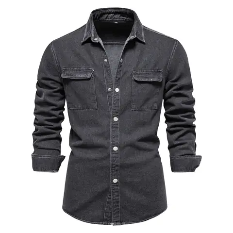 AIOPESON 100% Cotton Men Denim Shirts Solid Color Double Pocket Casual Long Sleeve Shirts for Men Autumn Thick Cowboy Shirts Men